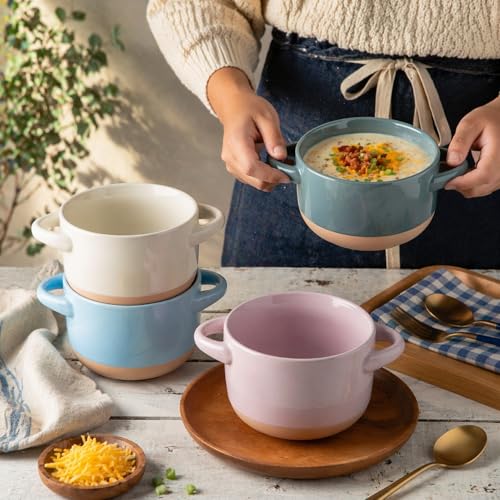 AmorArc 24 Ounces Soup Bowls with Large Handles and Lids, Stoneware Bowls Set of 2 for Soup, Cereal, Stew, Noodle, Colourful Ceramic Kitchen Bowls, Microwave&Dishwasher Safe, Blue&Pink - color: Pink& Sky Blue, size: Set of 2