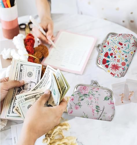 BenePoint Coin Purse for Women, Mini Purse Change Purse Coin Pouch with Kiss Clasp Lock& 2 Clear Jewelry Bags, Floral PU Leather Coin Purses Small Pouches for Cash and Jewelry (rose pink) - color: rose pink
