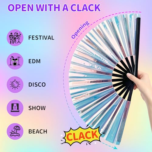 EOSAU Large Laser Rave Fan, Folding Hand Fans for Line Dancing, Blue - color: 13" Blue 01