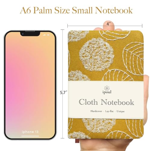 A6 Notebook, Pocket Journal, Embroidered Journal for Girl, Small Fabric Notebook, Lay Flat Hardcover Journal, 4x6 Lined Notebook & Sketchbook, Cute Diary, Writing Journal for Women, Yellow - color: A6-Leaf Yellow