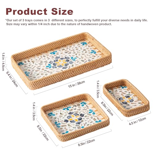 Set of 3 Rattan Serving Trays with Mother of Pearl, Terrekraft - color: Bohemian