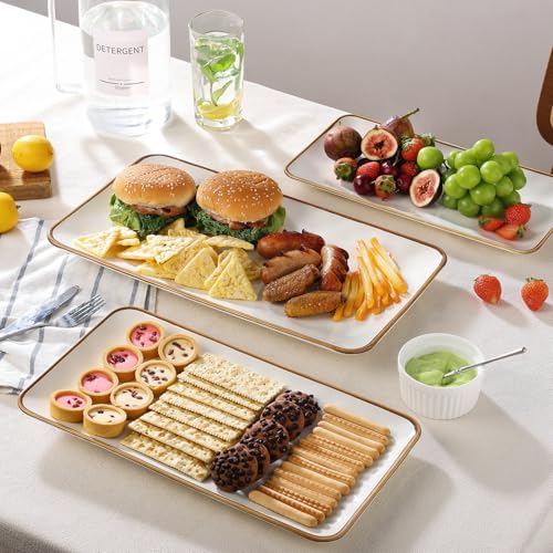 Ceramic Rectangle Serving Platter with Brown Rim: 15.6/14.1/12.6 Inch Large Serving Dishes for Entertaining Party, Sushi, Turkey, Cheese, Snack and Dessert, Microwave Dishwasher Safe - color: White, size: Rectangle