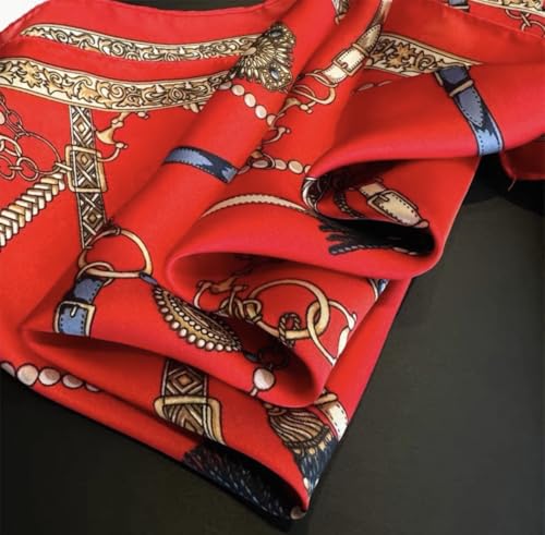 ANDANTINO 100% Mulberry Silk Scarf -21” Square Neckerchief with Gift Packed - color: Chains-gold&red