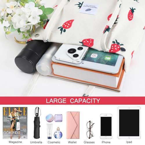Ayieyill Corduroy Tote Bag for Women Canvas Shoulder Cord Purse with Inner Pocket - color: Beige Strawberry