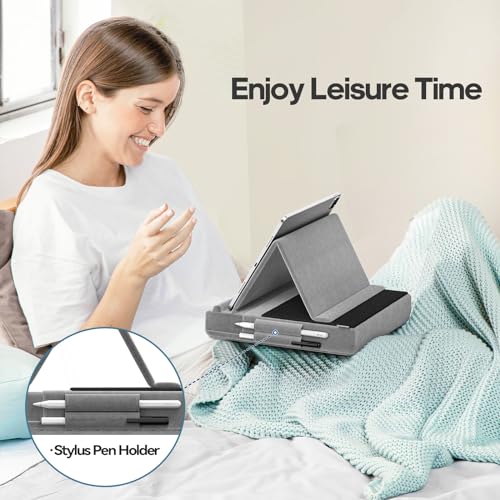 KDD Tablet Pillow Stand, Multi-Angle Viewing Ipad Holder for Lap, Bed and Desk, Foldable Soft Pad Dock with Stylus Mount Compatible with Ipad Pro 12.9, 10.5, 11, Air, Mini, Phones, Books, E-Reader - color: Grey