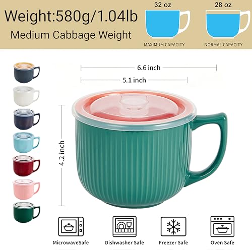 Ceramic Soup Bowl with Handle & Lid, Large 32oz Microwave Ramen Bowl Green - color: Green/Orange-32, size: 32 OZ