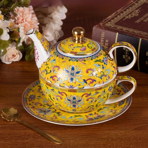 KAMMAK Tea for One Set, Ceramic Teapot, Bone China Tea Set, Cup and Saucer - color: Yellow