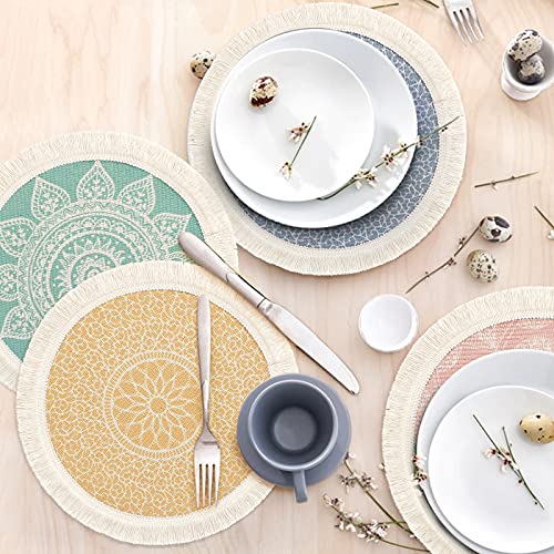 Set of 4 Round Placemats 13 Inch Cotton Woven Mandala Tassels Table Mats - color: Colorful-4pcs