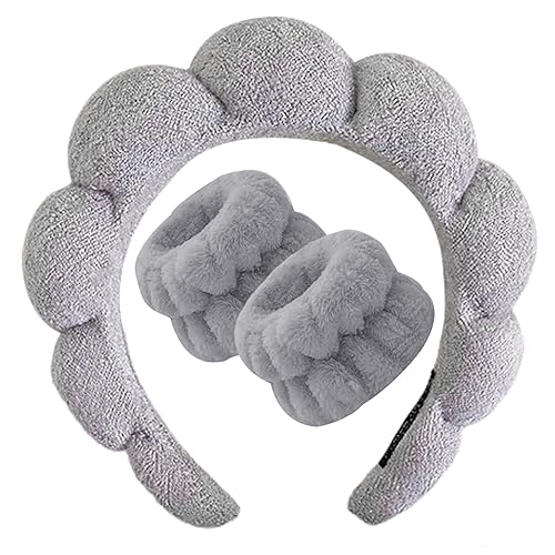 Beleki Spa Headband for Washing Face, Sponge Makeup Headband and Wristband Set Non Slip Skincare Headbands Soft Puffy Headwear Hair Accessories for Women Girls, Gray - color: Grey
