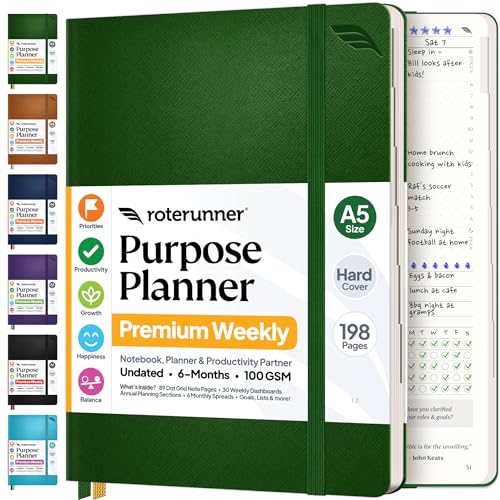 Roterunner Purpose Planner Notebook A5 5.8”x8.3” Undated 2026 Daily Weekly and Monthly Productivity Goal Setting Tool for Work Home ADHD Planner for Adults Self Care Journal (Green Hardcover) - color: Green, size: A5 Hardcover