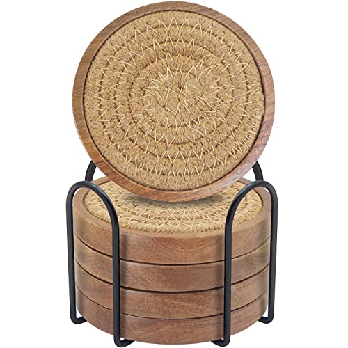 Wood Coasters for Drinks, Eykao Absorbent Coaster Sets of 5, Woven Drink Coasters for Coffee Table, Housewarming Gift for Farmhouse Home Decor,4 inches - color: Brown (With Holder)