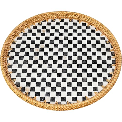 16" Rattan & Mother of Pearl Lazy Susan, Checkerboard Mosaic - color: Black & White