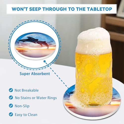Dolphin Coasters Set of 4, Absorbent Ceramic with Cork Backing, Ocean Beach Coasters for Table Home Décor, Ideal Gifts for Women Men - color: Dolphin Sunset