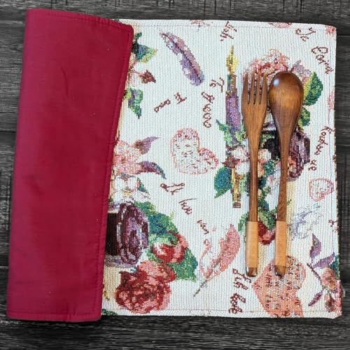 DaDalogy Set of 4-Pieces Authentic Tapestry Placemats - Spring Floral Vintage Looking Love Notes Quil Romantic British Roses - Heart Decorative Woven Dining Under Plate Table Mats - 13” x 19” - color: Love Note