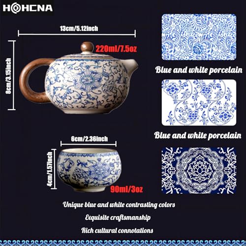 Floral Tea Pot & Tea Cup Set, Blue and White Porcelain, 7.5 oz