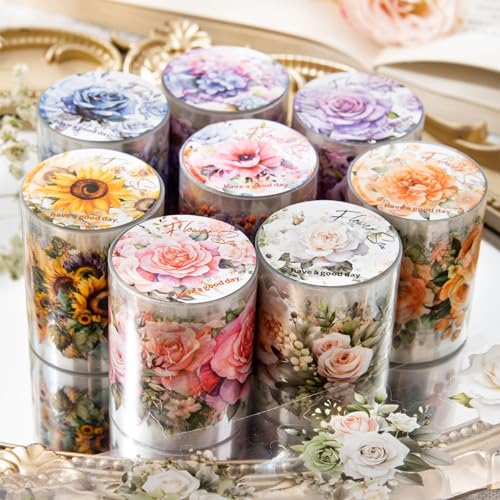 8Rolls Floral Washi Tape Set Flower PET Tapes Stickers for Crafts