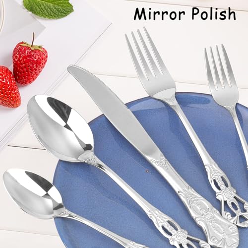 Retro Royal Silverware Set With Gift Box, 20-Pieces Cutlery Set Utensils Stainless Steel Flatware For 4 MIKIWAY Kitchen Tableware Set For Gifts Festive, Dishwasher Safe, Mirror Polishing - color: A-Mirror Silver (Gift Box)