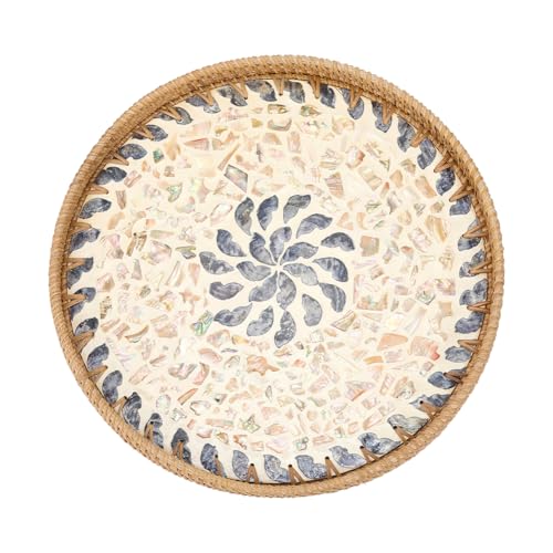 AHANDMAKER 1Pc Large Rattan Serving Tray with Mother of Pearl Boho Round Decorative Tray 14 Inches Diameter for Table Decor Home Decor Kitchen Island Serving and Display