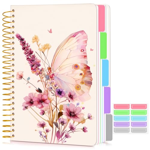 5 Subject Notebook College Ruled 240 Pages, A5(5.8"x8.3") Hardcover Spiral Notebook with Removable Dividers Tabs, Lined Spiral Journal Notebook for Women, Notebooks for Work School，ButterflyBouquet - color: -Butterflybouquet, size: A5