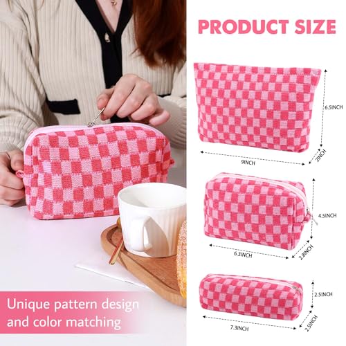 3 Pcs Makeup Bag Cosmetic Bag Set for Girls Women Checkered Travel Organizer Bathroom Toiletry Pouch Large Capacity Storage Bag (Rose-Red) - color: Rose-Red