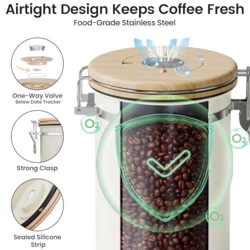 Veken Coffee Canister with Window, Airtight Stainless Steel Container, 22OZ - color: Cream, size: 22 oz