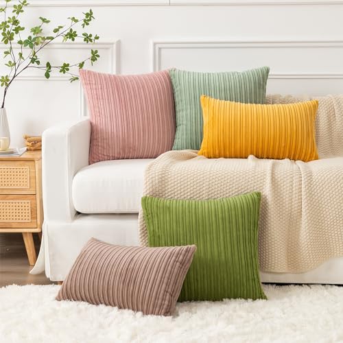 Kevin Textile Striped Corduroy 16”x16” Pillow Covers 2 Pack, Green - color: Green, size: 16" x 16" (Pack of 2)