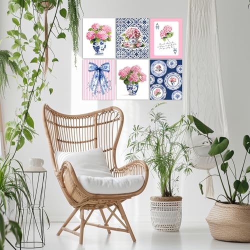 LUKIPOM Pink Chinoiserie Hydrangea Wall Art Poster,Coquette Blue Bow Grandmillennial Floral Wall Decor Gifts for Women Teen Girls Home Bedroom Living Room,12x16in Set of 6 Unframed - color: Color 020