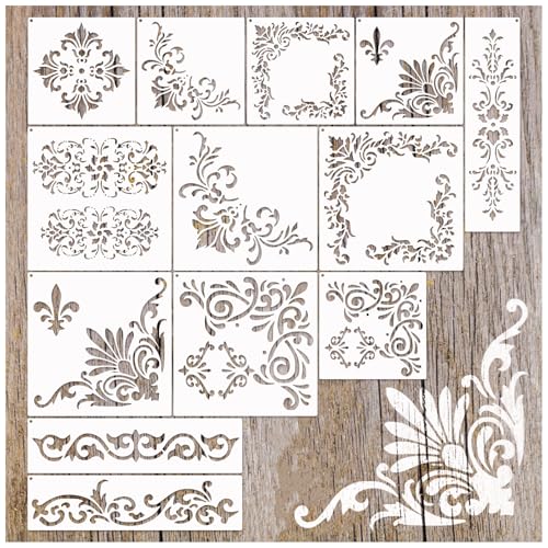 Corner Border Stencils for Crafts, Mexican Flower Floral Lace Furniture Stencils for Painting on Wood Reusable Wood Burning Drawing Art Paint Patterns for Wall Cookie Canvas Floor (Corner) - style: corner