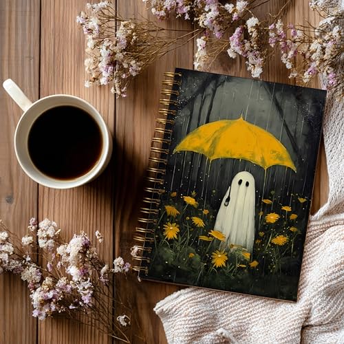Notebook Journal for Women - A5 Spiral Notebook with Ghost in forest Design, Vintage Dark Romantic Ghost Wildflowers, Gothic Office & School Supplies, Unique Gifts for Women Birthday, Christmas (Yellow umbrella) - color: Yellow umbrella