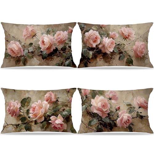 Vintage Pink Rose Floral Throw Pillow Covers Decor 12x20, Shabby Chic Rustic Cottagecore Decorative Rectangle Throw Pillow Covers, Gifts for Room Couch Double-Sided Set of 4 - color: A-rose-8, size: 20" x 12" (Pack of 1)