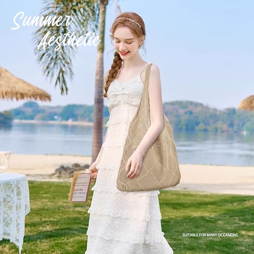 hatisan Crochet Bag for Women, Handmade Knit Beach Tote Bag Summer - color: Light Khaki