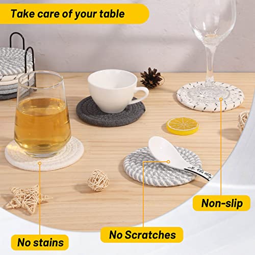 Billbotk 10 Pieces Coasters for Drink Absorbent, 5 Colors Drink Coasters with Holder, Woven Coasters Set for Coffee Table, Wooden Table Decor, Home Decor, 4.3 Inches - color: Gray 1