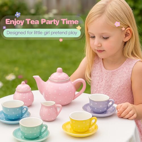 Porcelain Tea Set for Toddlers, Tea Party Set for Little Girls, Kids Tea Set Kitchen Pretend Play, Princess Tea Time Playset with Teapot Cups Carry Case, Toddler Girl Toys Birthday Gifts Age 3+ - style: C. Color Dot Tea