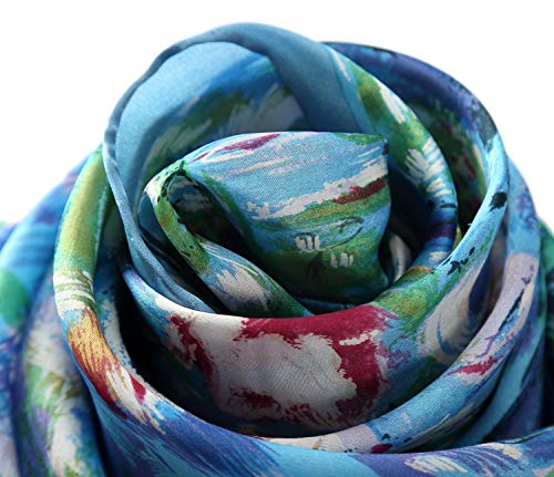 JWSilk Long Charmeuse Silk Scarf Classic Art Print - color: Water Lilies By Monet