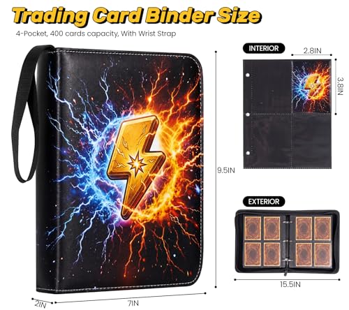 4 Pocket Card Binder, 400 Pockets Card Collection Book with 50 Removable Sleeves, 3-Ring PU Leather Trading Card Album for Game & Sports Cards - Portable Zipper Binder for Boys Kids - color: Yellow,blue