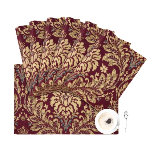 Loom and Mill Luxury Jacquard Placemats Set of 6, Burgundy Red, 12x18 in - color: Burgundy Red, size: 6 Piece-12x18 inch