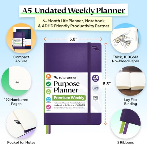 Roterunner Purpose Planner Notebook A5 5.8”x8.3” Undated 2026 Daily Weekly and Monthly Productivity Goal Setting Tool for Work Home ADHD Planner for Adults Self Care Journal (Purple Hardcover) - color: Purple, size: A5 Hardcover