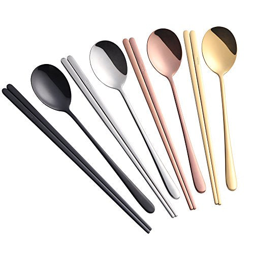 Buyer Star 4 Set Chopsticks Spoon Set, 4 Color Reusable Metal Stainless Steel Korean Chopstix Spoon Set Christmas Gift - color: 4 color A-flat chopstick and spoon
