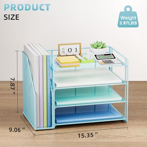 Marbrasse 4-Tier Paper Tray Organizer with File Holder, Blue - color: Blue