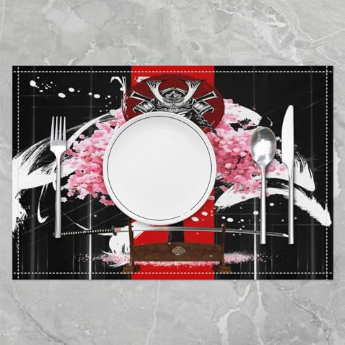 Feelyou Cherry Blossoms Placemats Set Set of 4 18"x12" - color: Pink Black Red