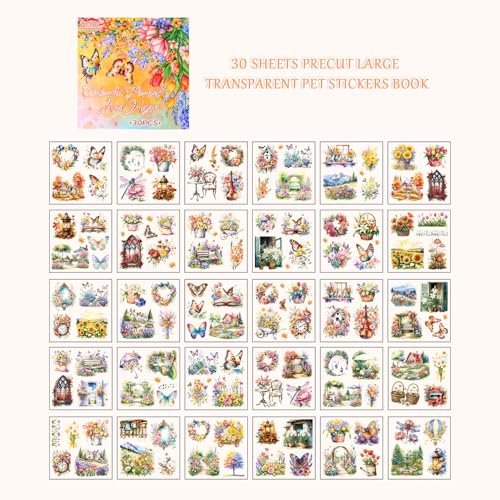 30 Sheets Precut Colorful Garden Landscape Stickers Book for Junk Journal Supplies, Transparent PET Stickers for Journaling, Scrapbooking, Bujo, Collage, Card Making - color: Colorful Nature