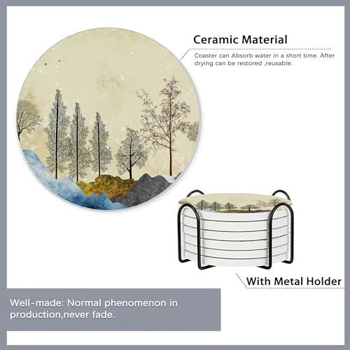 6 Pcs Coasters for Drinks with Holder,Brown Trees with Golden Gray Mountains Landscape Absorbent Coaster with Cork Backing,Great Gift for Housewarming,Room Decor,Bar,Holiday Party - color: Brown Trees With Golden Gray Mountains Landscape