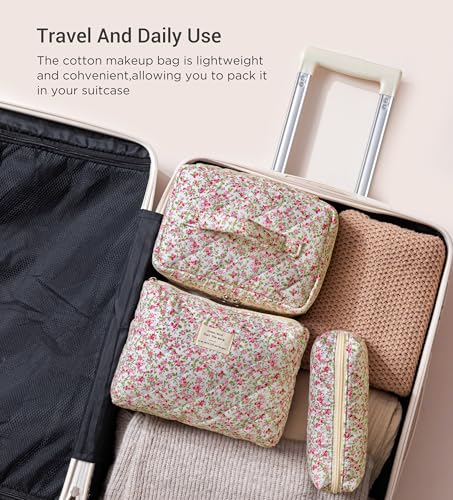 HBselect Quilted Makeup Bag, 3Pcs Cotton Large Travel Makeup Bags Organizer - color: A-3PCS-Floral 19