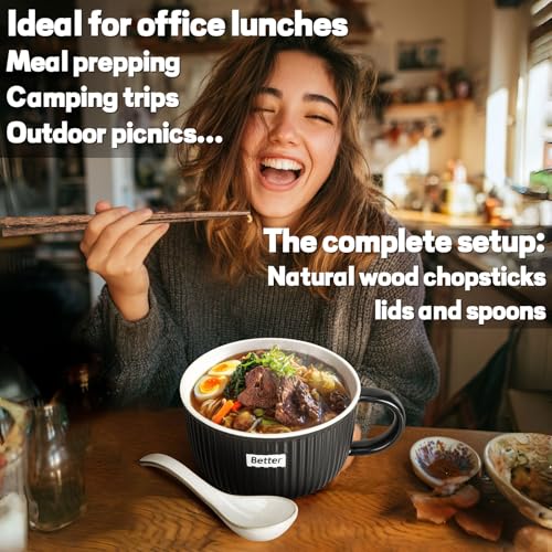 Artena 38 oz Soup Bowls with Handles, Lids, Spoons & Chopsticks – 6 Inch Large Microwave Safe Ceramic Ramen Bowls, Soup Mugs & Cereal Bowls for Instant Noodles, Oatmeal, Meal Prep (Black-Set of 2) - color: Black-Set of 2