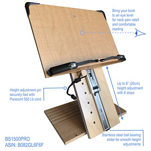 BS1500PRO Large Portable Height Adjustable Foldable Eye-Level Ergonomic Bookstand Holder for Reading Hands Free Large Thick Heavy College Textbooks Tablets Neck Pain Free - size: PRO