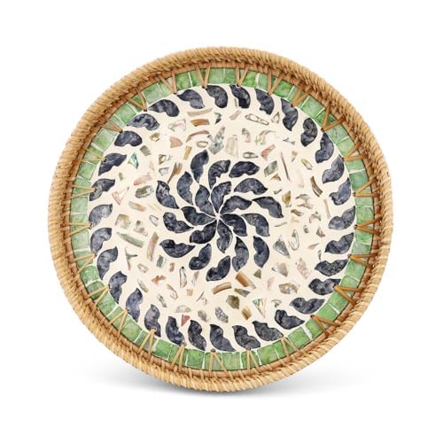 11.8" Decorative Round Rattan Tray with Mother of Pearl, Hand-Woven Wicker Serving Tray, Boho Rattan Basket Platter for Fruit Bread Coffee Counter Dessert Kitchen - color: Trumpet