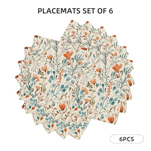 Vintage Boho Teal Orange Floral Placemats Set of 6 12x18 Inch - color: Teal Orange, size: Set of 6
