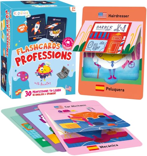 Kidrox Career & Professions Flash Cards, English Learning Cards with Spanish Translations, Interactive Open & Cover, 30 Pack - color: Professions
