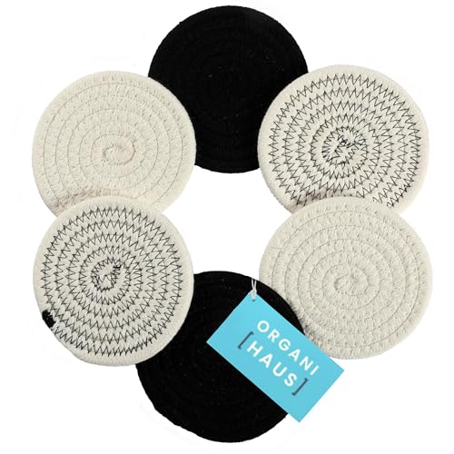 OrganiHaus Drink Coasters Set of 6, Absorbent Cotton Woven Cup Coasters, Rustic Farmhouse Boho Decor for Coffee Table and Drinks Protection, Cute Coaster for Drinks - Black/Off-White - color: Black/Stitches/White