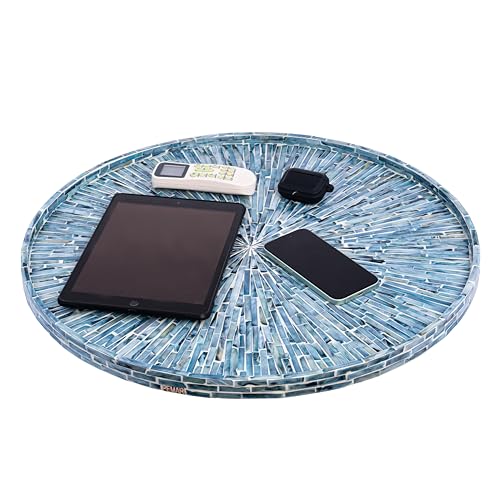 PEMAR 22" Round Mother of Pearl Extra Large Ottoman Tray with Raised Edge, Oversized Decorative Luxury Wooden Serving Tray for Food, Coffee Table, Breakfast in Bed (Blue Sunlight) - color: Blue Sunlight
